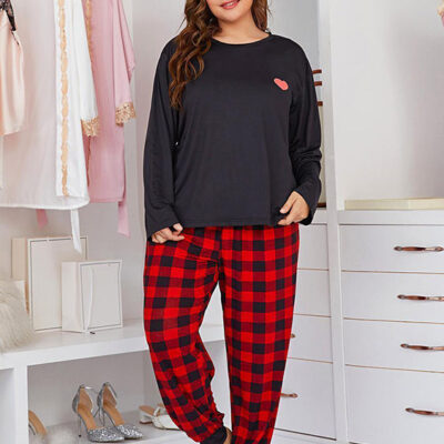 Heart print long sleeve plus size pajamas plaid pants bulk