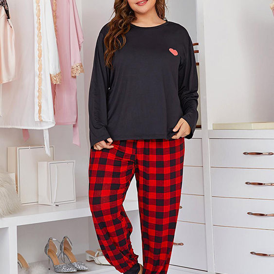 Heart print long sleeve plus size pajamas plaid pants bulk