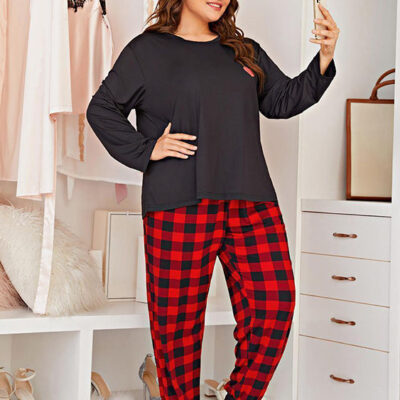 Heart print long sleeve plus size pajamas plaid pants bulk