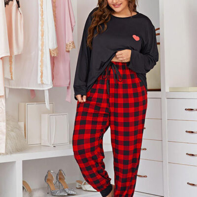 Heart print long sleeve plus size pajamas plaid pants bulk