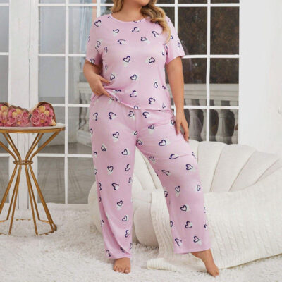 Casual heart print women’s plus size pajamas supplier set