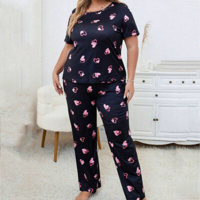 Casual heart print women’s plus size pajamas supplier set
