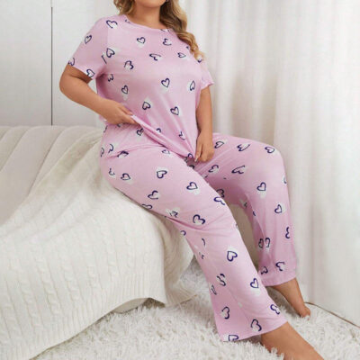 Casual heart print women’s plus size pajamas supplier set