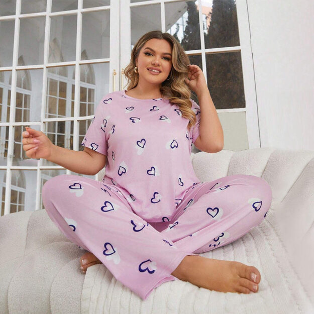 Casual heart print women’s plus size pajamas supplier set