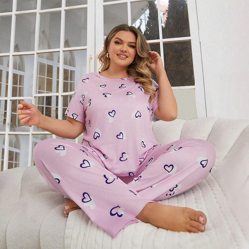 Casual heart print women’s plus size pajamas supplier set