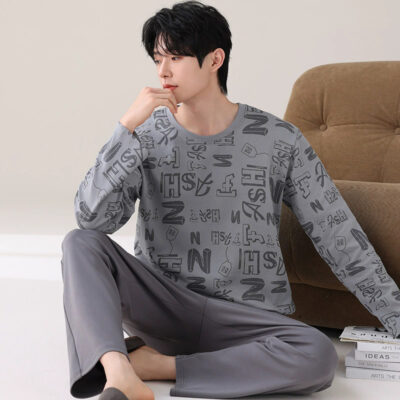 Men’s cotton pajamas factory spring autumn round neck set