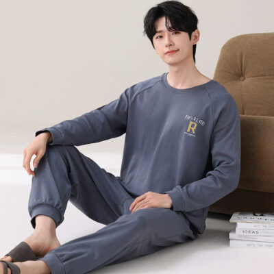 Men’s cotton pajamas factory spring autumn round neck set