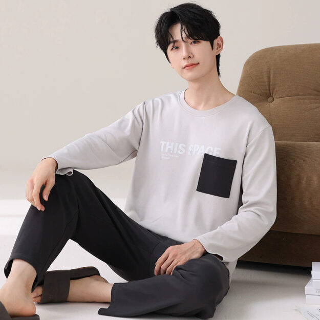 Men’s cotton pajamas factory spring autumn round neck set
