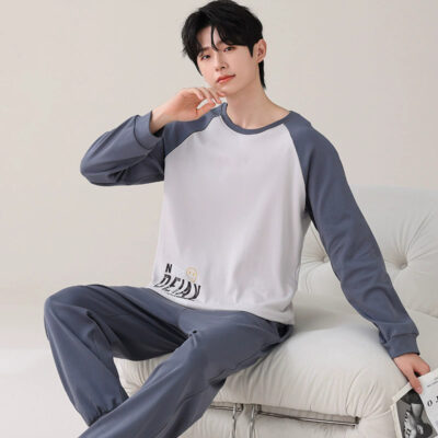 Men’s cotton pajamas factory spring autumn round neck set
