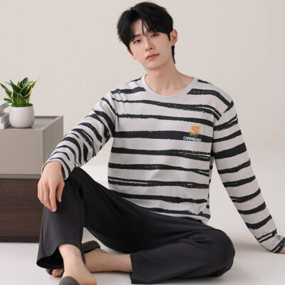 Men’s cotton pajamas factory spring autumn round neck set