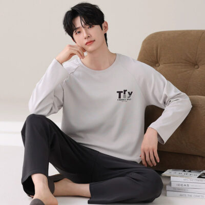 Men’s cotton pajamas factory spring autumn round neck set