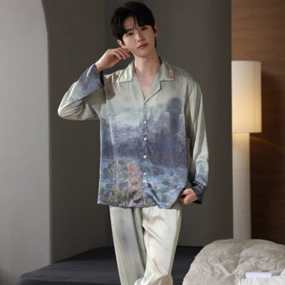 Spring autumn men satin pajamas long sleeve pants set