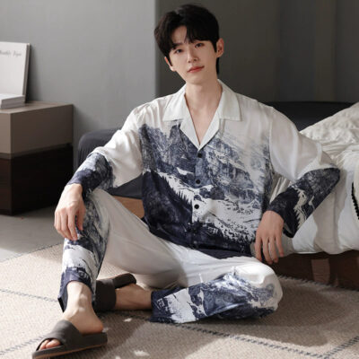 Spring autumn men satin pajamas long sleeve pants set