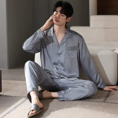 Spring autumn men satin pajamas long sleeve pants set