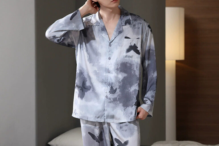 Spring autumn men satin pajamas long sleeve pants set