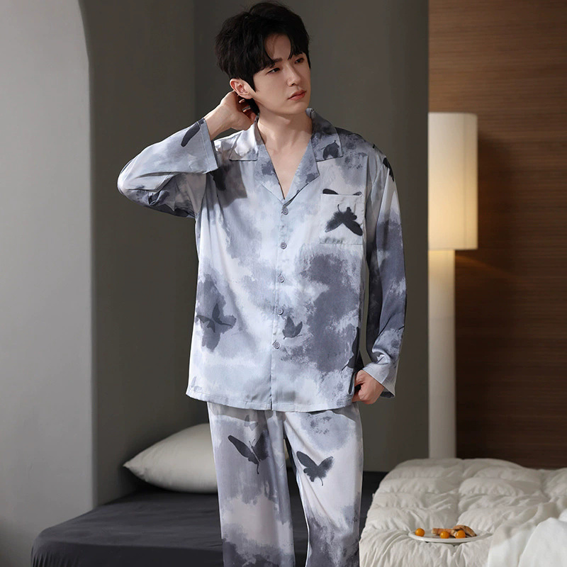 Men’s satin pajamas factory spring autumn collection (4) Spring autumn men satin pajamas long sleeve pants set