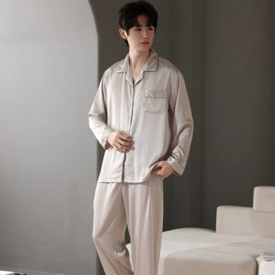 Spring autumn men satin pajamas long sleeve pants set