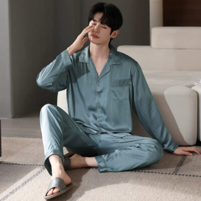 Spring autumn men satin pajamas long sleeve pants set