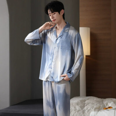 Spring autumn men satin pajamas long sleeve pants set
