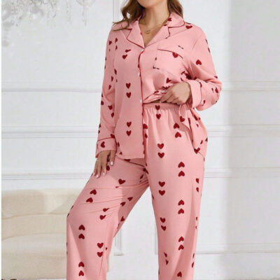 Elegant plus size women’s printed pajamas two-piece set