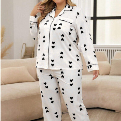 Elegant plus size women’s printed pajamas two-piece set