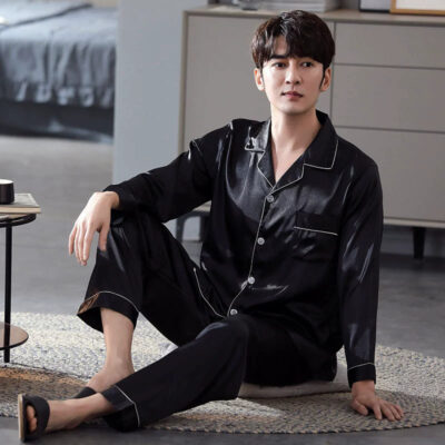 Men’s satin pajamas wholesale solid color long sleeve set