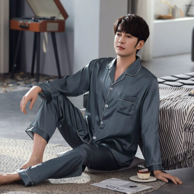 Men’s satin pajamas wholesale solid color long sleeve set