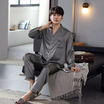 Men’s satin pajamas wholesale solid color long sleeve set