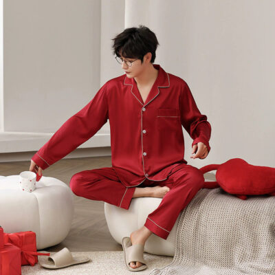 Men’s satin pajamas wholesale solid color long sleeve set