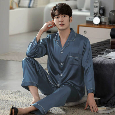 Men’s satin pajamas wholesale solid color long sleeve set