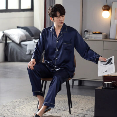 Men’s satin pajamas wholesale solid color long sleeve set