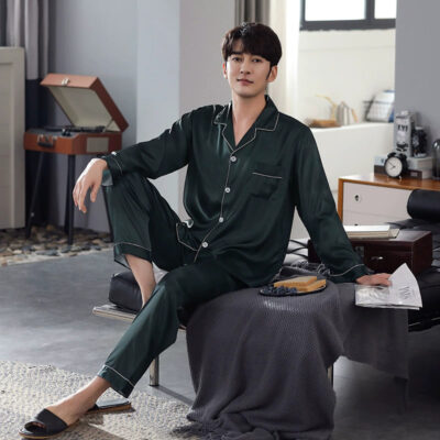 Men’s satin pajamas wholesale solid color long sleeve set