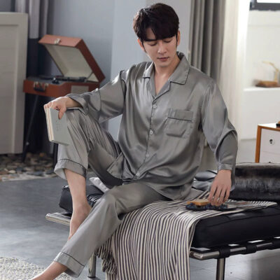 Men’s satin pajamas wholesale solid color long sleeve set