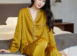 Women satin pajamas with lace trim long sleeve set