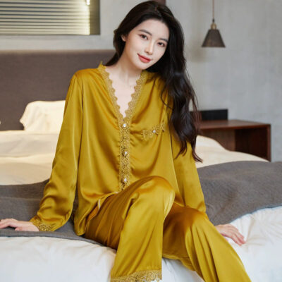 Women satin pajamas with lace trim long sleeve set