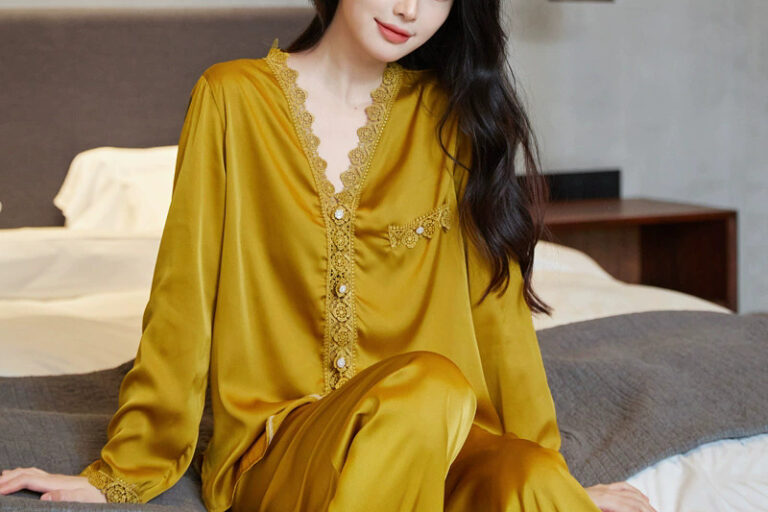 Women satin pajamas with lace trim long sleeve set