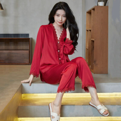 Women satin pajamas with lace trim long sleeve set