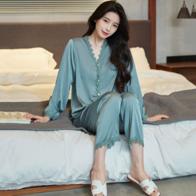 Women satin pajamas with lace trim long sleeve set