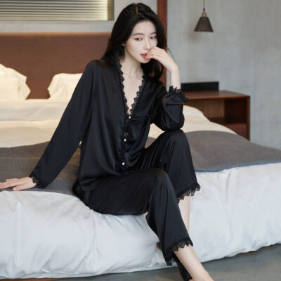 Women satin pajamas with lace trim long sleeve set