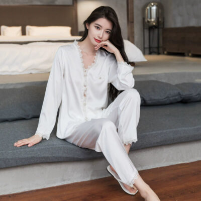 Women satin pajamas with lace trim long sleeve set