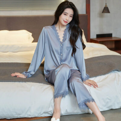 Women satin pajamas with lace trim long sleeve set
