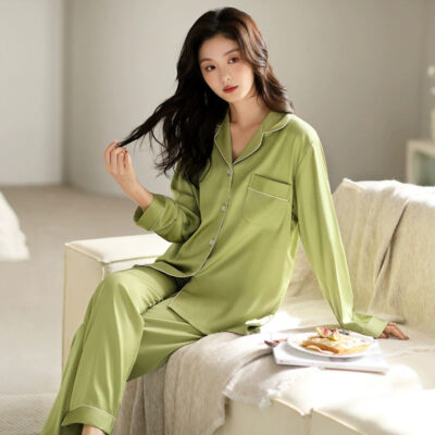 Women’s satin pajamas factory spring autumn long sleeve set