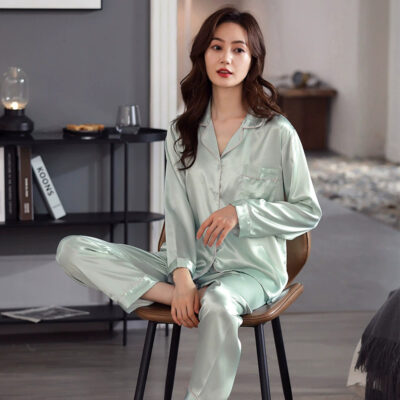 Women’s satin pajamas factory spring autumn long sleeve set