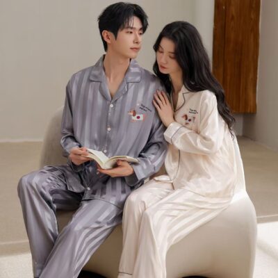 Spring autumn cardigan-style couple satin pajama set