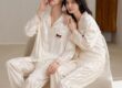 Spring autumn cardigan-style couple satin pajama set