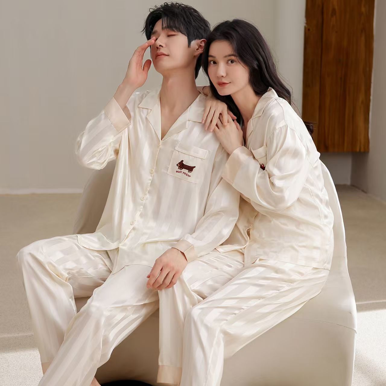 Casual Cardigan Satin Pajama Set for Couples – Spring & Autumn (2) Spring autumn cardigan-style couple satin pajama set