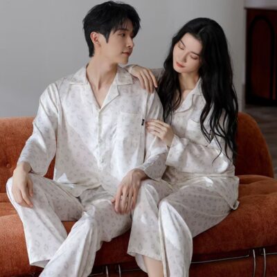 Spring autumn cardigan-style couple satin pajama set
