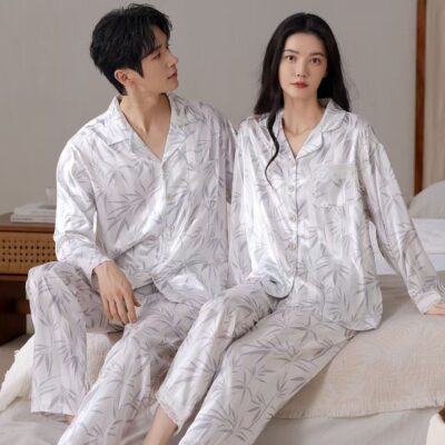 Spring autumn cardigan-style couple satin pajama set