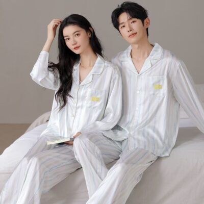 Spring autumn cardigan-style couple satin pajama set