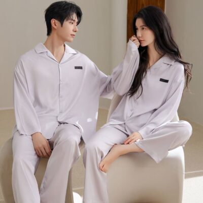 Spring autumn cardigan-style couple satin pajama set